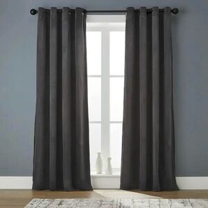 Two dark gray velvet curtain panels with lining measuring 52” x 84”